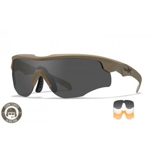 WILEY X BALLISTIC PROTECTION GLASSES ROGUE COMM TEMPLES GREY/CLEAR/RUST LENSES TAN FRAME